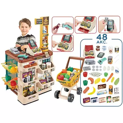 Woopie Sklep Supermarket z Wózkiem Waga Kasa Skaner + 48 akc.