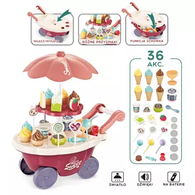 Woopie Sklep Food Truck Cukiernia Wózek Stoisko z Lodami Słodyczami Dźwięk Światło + 36 Akc