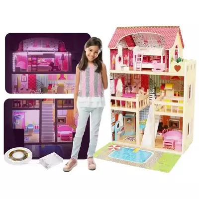 Drewniany Domek dla lalek LED z Basenem XXL D11251 90 cm