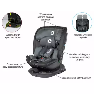 Lionelo Bastiaan RWF i-Size Grey Stone Fotelik samochodowy obrotowy 0-36kg + Organizer
