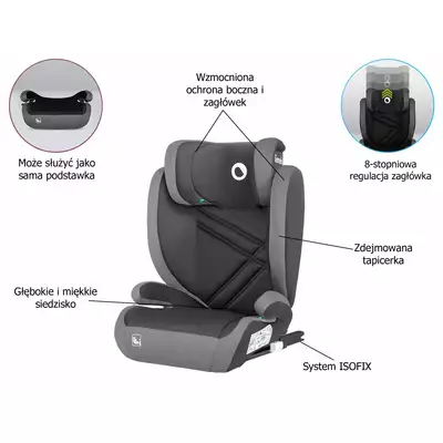 Lionelo Hugo i-Size Black Grey Fotelik 15-36 kg + Organizer