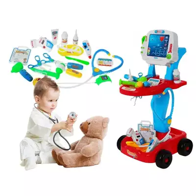 Zabawa w lekarza Domowe centrum opieki czerwony (EKG, narzędzia, wózek) 17 el.