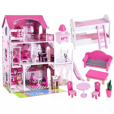 Drewniany domek dla lalek typu Barbie, Steffi 3868 Taras + Basen 90 cm + Zjeżdżalnia + światło LED
